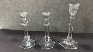 lot 1032 image: Set of 3 Crystal Candlesticks with Hexagonal Bases