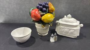lot 1036 image: Ceramic Tableware Set with Fruit Topiary, Covered Dish, Bowl, Salt Pepper Shakers