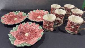 lot 1037 image: St. James Collectio Wittala Poinsettia Leaf Plates and Mugs Set