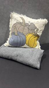 lot 1043 image: Decorative Throw Pillow with Pumpkin Embroidery and Fringe Edge and Gray Blanket