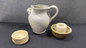 lot 1046 image: Ceramic Pitcher with Candle Holder and Coasters 3-Piece Set