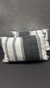 lot 1048 image: Striped Lumbar Pillows Pair Cream Black Woven Pattern
