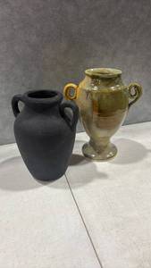 lot 1050 image: Two Ceramic Vases with Handles Black and Olive Glazed tallest is 13 inches