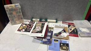 lot 1055 image: Cross Stitch Embroidery Supplies Lot Patterns Thread Storage