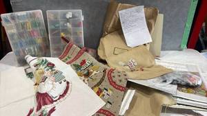 lot 1057 image: Needlepoint Christmas Stocking Lot with Embroidered Details and Ribbon Trim and more