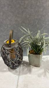 lot 1058 image: Decorative Lantern 12 inches with Yellow Interior and Faux Plant