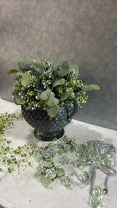 lot 1059 image: Faux Floral Arrangement in Textured Black Urn with Greenery and Beaded Accents