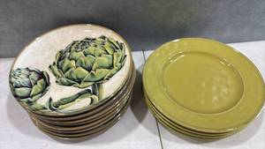lot 1060 image: Williams Sonoma Artichoke Dinner Plates with  Yellow Purple Rim Qty12
