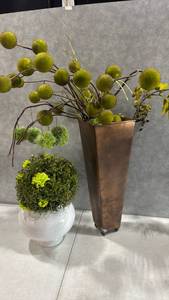 lot 1066 image: Decorative Floral Arrangement with Brown Tapered Metal Vase 18 inches tall and White Sphere Planter
