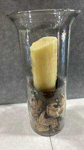 lot 1077 image: Glass Hurricane Candle Holder with Pillar Candle and Decorative Filler 19 inches tall