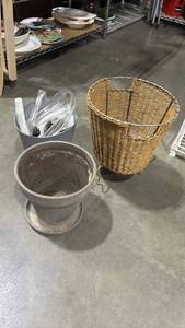lot 1086 image: Flower Pot, Wicker Waste Basket and Hoses