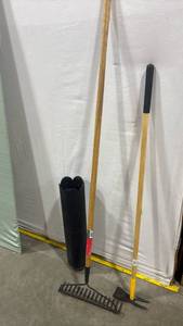 lot 1108 image: Garden Tool Set Rake Shovel Spade with Wood Handles and more