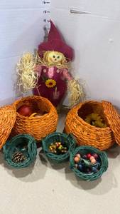lot 2004 image: Woven pumpkin baskets, scarecrow and more