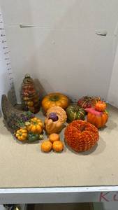 lot 2008 image: Fall decor, ceramic cornucopia and turkey candleholder with pumpkins and more