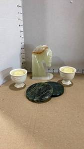 lot 2013 image: Carved horse head bookend with candleholders and coasters