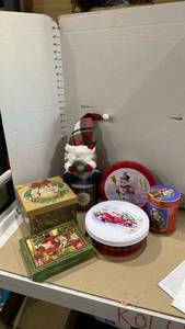 lot 2022 image: Christmas gnome with ceramic container and empty Christmas tins