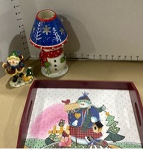 lot 2023 image: Snowman tea light holder, wooden tray and Santa on springs