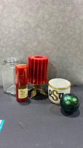 lot 2048 image: Large candle and holder glass storage jar and more