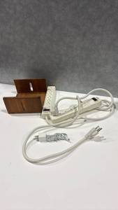 lot 4006 image: Teak Napkin Holder with Two Surge Protectors and iPhone Chargers