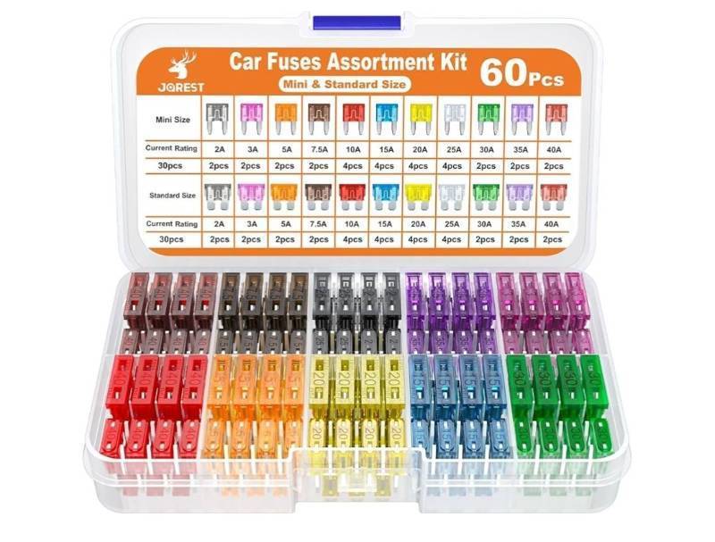 lot 47238 image: 60Pcs Car Fuse Assortment Kit - Replacement for CarRVTruckMotorcycle(2Amp 3A 5A 7.5A 10A 15A 20A 25A 30A 35A 40A) - 30 Mini Blade Fuses Automotive  30 Standard, COUNT UNKNOWN. - Retail $8