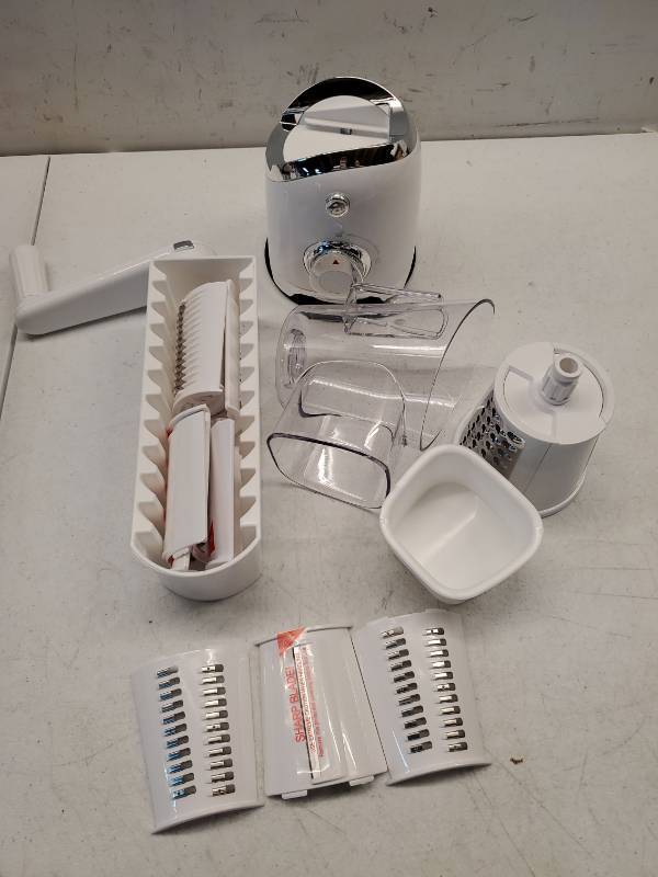 lot 39434 image: Rotary Cheese Grater Hand Crank Cheese Shredder for Fresh Cheese, Vegetable, Nuts,Non-slip Suction Base, Five Blades - Retail $35
