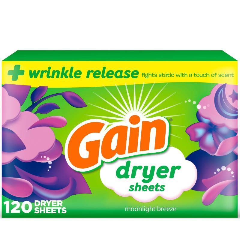 lot 39256 image: Gain dryer sheets Plus Wrinkle Release, Moonlight Breeze Scent, 120 Count, Fights static with a touch of scent, laundry sheets - Retail $6