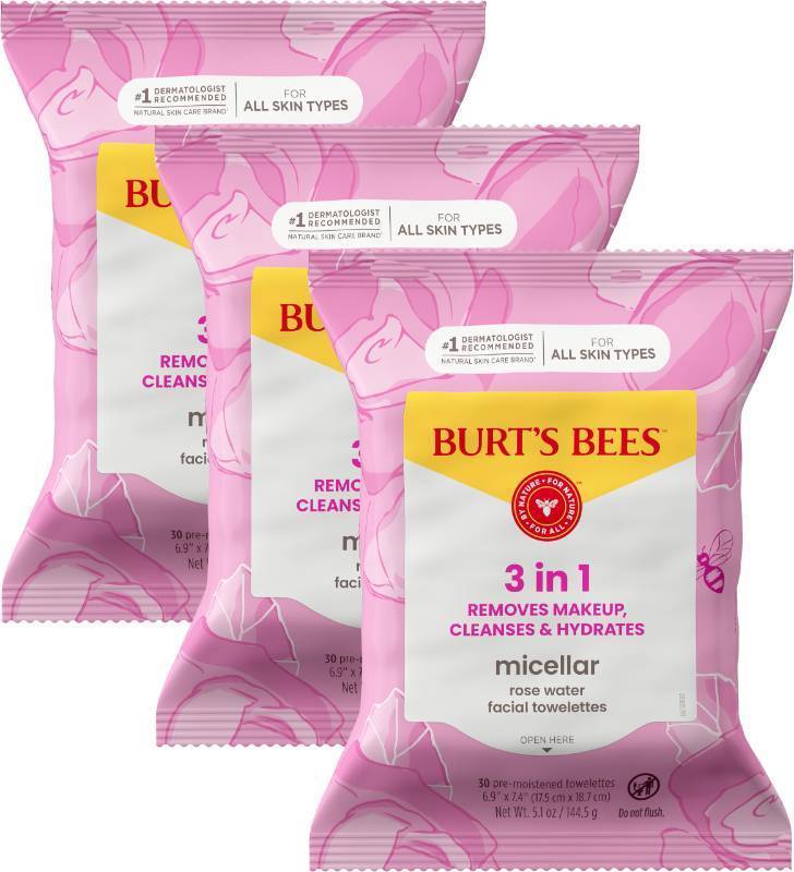 lot 39261 image: Burt��s Bees Micellar Rose Water Facial Towelettes, 30 ct., 3 Pack - Retail $16