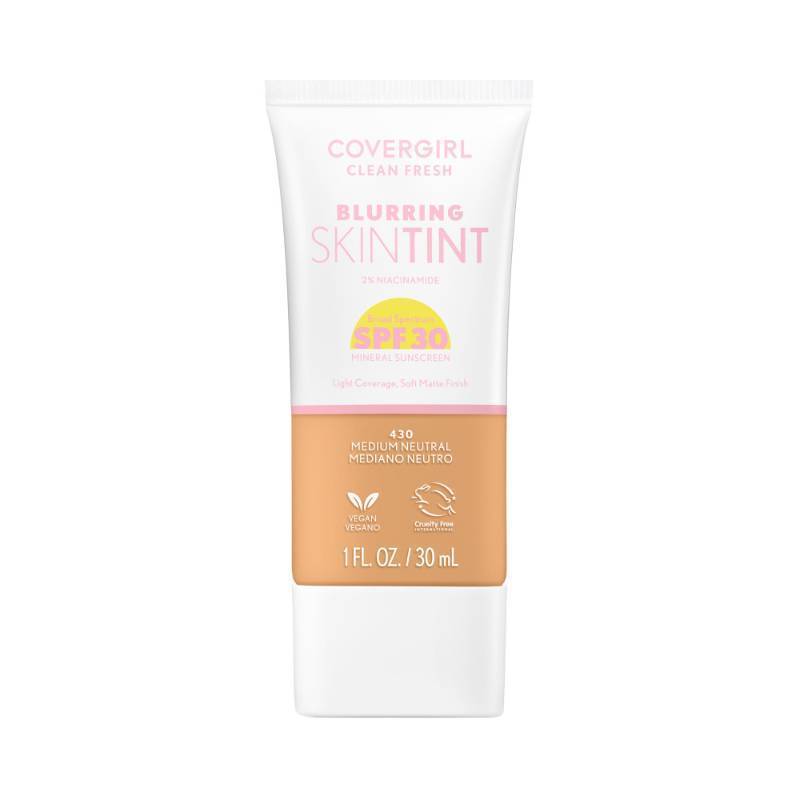 lot 59513 image: COVERGIRL Clean Fresh Blurring Skin Tint with SPF 30, 430 Medium Neutral, Liquid Foundation, Soft Matte Finish, Smooths, Brightens, Blurs Pores, Mineral Sunscreen, Vegan Formula - Retail $6