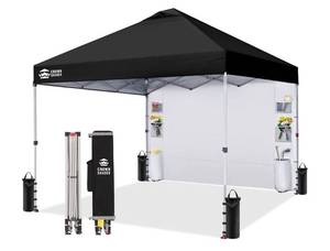 CROWN SHADES Canopy Tent 10x10 Pop Up Canopy with Side Pockets, Black - Retail: $170