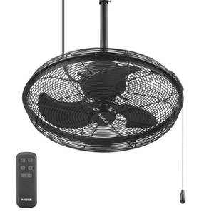 lot 39708 image: Mule 20 Inch Swag Plug-In Ceiling Fan with Pull Chain and Remote  Wet Rated  Matte Black - Retail $150