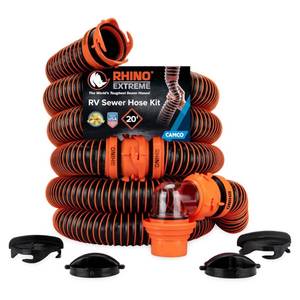 lot 39717 image: Camco RV RhinoEXTREME 20  Hose Extension Kit with Swivel Fittings and Lock Ring - Retail $90