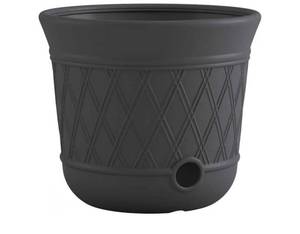 lot 39725 image: Suncast Lattice Hose Pot for Outdoor Garden Storage, Peppercorn - Holds 300 ft Expandable or 50 ft Standard 58 Vinyl Hoses, Resin Hideaway Organizer with Drainage and Water Supply Port - Retail $34