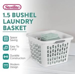 lot 39736 image: Sterilite 1.5 Bushel Square Plastic Laundry Basket  Adult. 3 Pack, BENT IN A FEW PLACES AT TUE TOP. - Retail $30