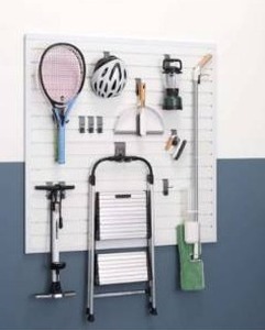 lot 12893 image: TRINITY 16 Sq Ft Modular Slatwall 13-Piece Accessory Set White TUP-0710