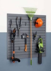 lot 12895 image: Trinity 16 Sq Ft Modular Slatwall 13-Piece Accessory Set Gray TUPXGR-0710