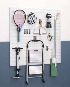 lot 12896 image: TRINITY 16 Sq Ft Modular Slatwall 13-Piece Accessory Set White TUP-0710