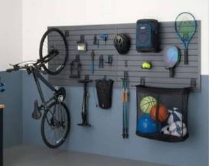 lot 12900 image: Trinity 24 Sq Ft Modular Slatwall 19-Piece Accessory Sports Set TUPXGR-0714