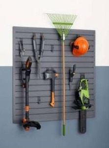 lot 12901 image: Trinity 16 Sq Ft Modular Slatwall 13-Piece Accessory Set Gray TUPXGR-0710