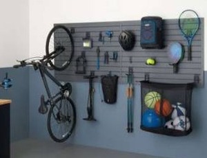 lot 12902 image: Trinity 24 Sq Ft Modular Slatwall 19-Piece Accessory Sports Set TUPXGR-0714