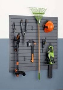 lot 12905 image: Trinity 16 Sq Ft Modular Slatwall 13-Piece Accessory Set Gray TUPXGR-0710