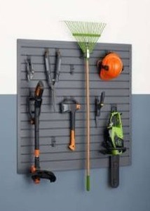 lot 12906 image: Trinity 16 Sq Ft Modular Slatwall 13-Piece Accessory Set Gray TUPXGR-0710
