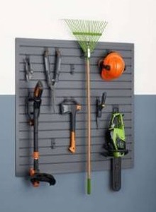 lot 12907 image: Trinity 16 Sq Ft Modular Slatwall 13-Piece Accessory Set Gray TUPXGR-0710