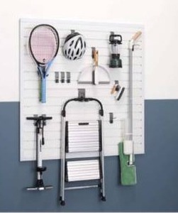 lot 12908 image: TRINITY 16 Sq Ft Modular Slatwall 13-Piece Accessory Set White TUP-0710