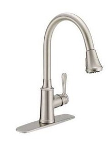 lot 12927 image: Single Hole Pull-Down Kitchen Faucet Chrome w Deck Plate and Supply Lines