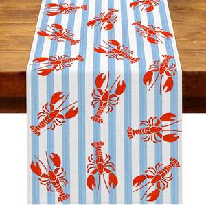 lot 68372 image: 13 x 72 Crawfish Boil Party Table Runner Blue Striped Tropical Seafood Lobster Birthday Party Decoration Home Kitchen Dining Room Table Decor Lobster 13 x 72