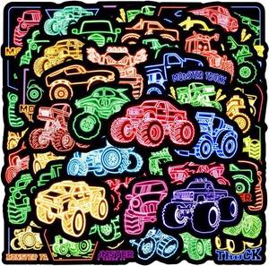 lot 69787 image: 2 to 2.5 inches 50pcs Neon Monster Truck Waterproof Vinyl Stickers - Monster Truck Decorations & Party Favors Gifts for Laptop, Water Bottle, Skateboard