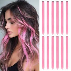lot 69823 image: Leeven Pink Colored Hair Extensions Clip in 22 Inch 12PCS Long Straight Clip on Synthetic Hairpieces Colorful Party Highlights Hair Accessories Cosplay Christmas for Women