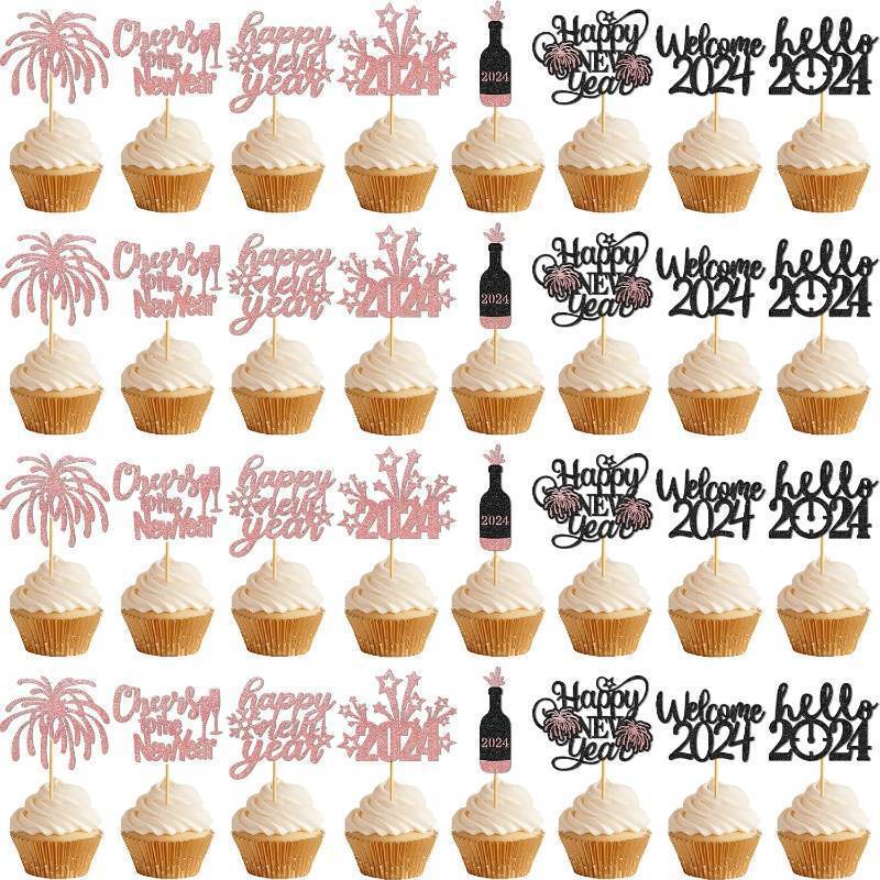 lot 67735 image: 24Pcs Happy New Year Cupcake Toppers Hello Welcome 2024 Cupcake Toppers Picks for New Years Eve Party 2024 New Year Decoration Supplies