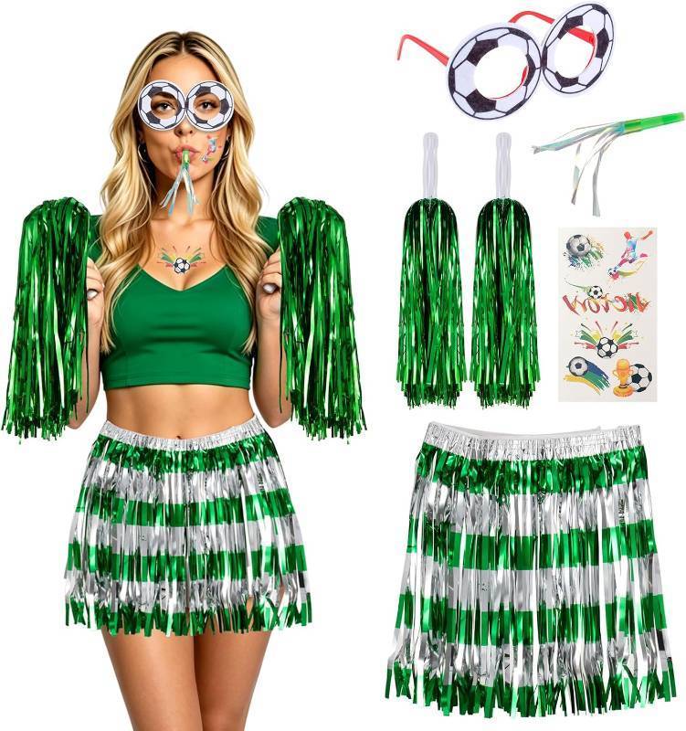 lot 68175 image: One Size 5 Pieces Cheerleader Costume for Women Adults Green Foil Tinsel Wig Skirt Cheerleading Outfits with Pom Poms Party Blower Tempopary Tatto Stickers for Soccer Fans Cheerleading Supplies Decora