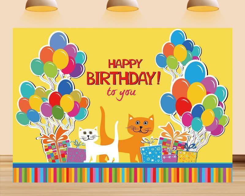 lot 68186 image: 5X3ft 5X3ft Happy Birthday Backdrop Cartoon Cat Yellow Background Colorful Balloon Decoration Birthday Theme Kids Party